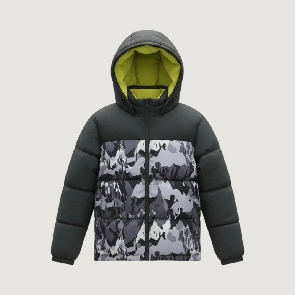 NWT Old Navy Puffer Jacket Kids Size L 10-12 Gray Camo Water Resistant Hooded